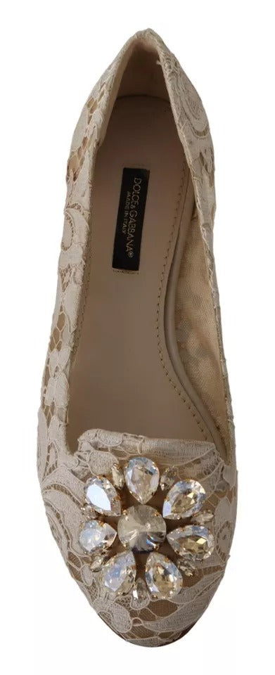 Dolce & Gabbana Beige Lace Crystal Ballet Flats Loafers Women's Shoes (Pre-Owned)