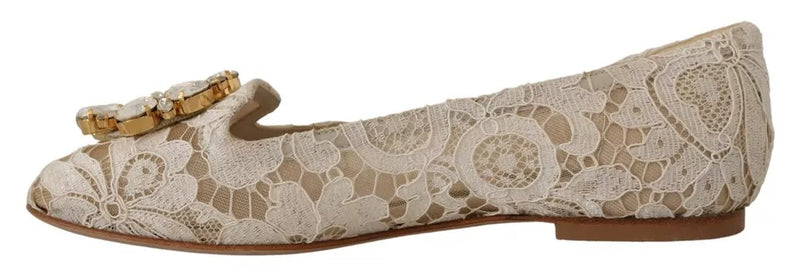 Dolce & Gabbana Beige Lace Crystal Ballet Flats Loafers Women's Shoes (Pre-Owned)