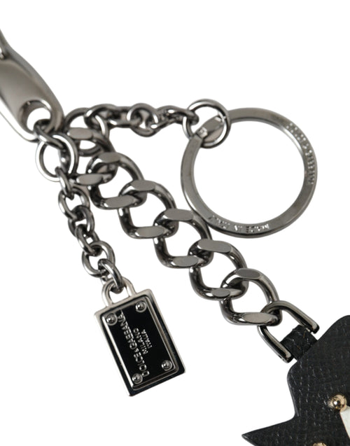 Dolce & Gabbana Black Prince Studs Logo Silver Brass Keychain Men's Keyring