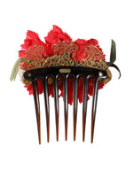 Dolce & Gabbana Red Silk Floral Gold Brass Women Hair Women's Comb