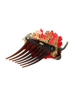 Dolce & Gabbana Red Silk Floral Gold Brass Women Hair Women's Comb