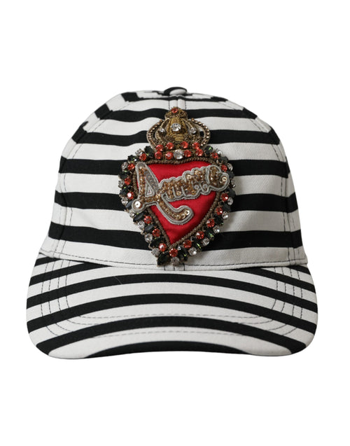 Dolce & Gabbana Black White Stripe Amore Heart Applique Baseball Women's Hat