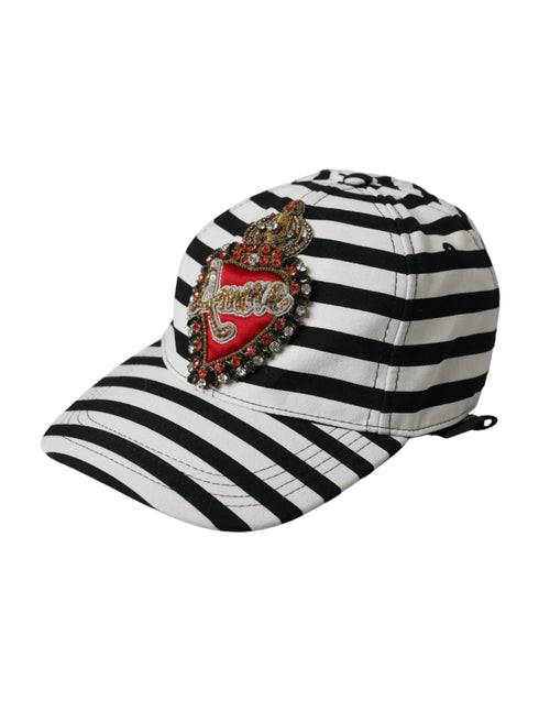 Dolce & Gabbana Black White Stripe Amore Heart Applique Baseball Women's Hat