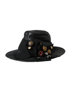 Dolce & Gabbana Black Leather DG Coin Crystal Wide Brim Women's Hat