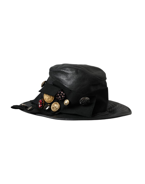 Dolce & Gabbana Black Leather DG Coin Crystal Wide Brim Women's Hat