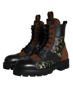 Dolce & Gabbana Brown Suede Camouflage Leather Combat Boots Men's Shoes