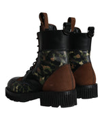 Dolce & Gabbana Brown Suede Camouflage Leather Combat Boots Men's Shoes