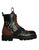 Dolce & Gabbana Brown Suede Camouflage Leather Combat Boots Men's Shoes