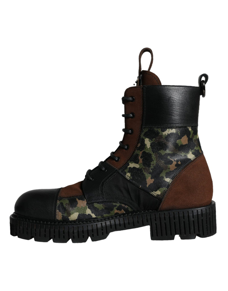 Dolce & Gabbana Brown Suede Camouflage Leather Combat Boots Men's Shoes