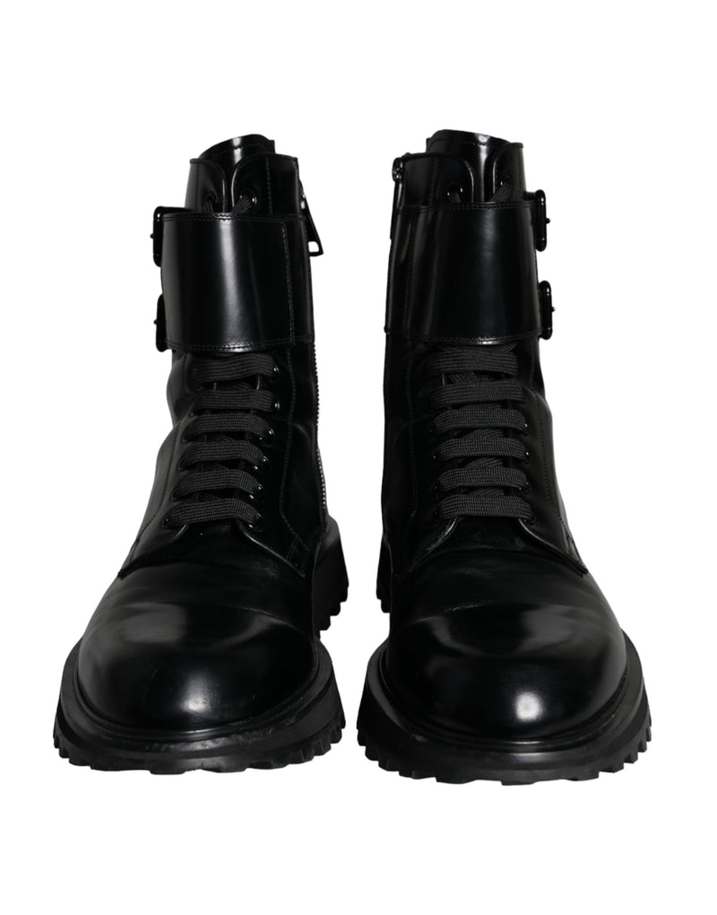 Dolce & Gabbana Black Leather Lace Up Men Mid Calf Boots Men's Shoes