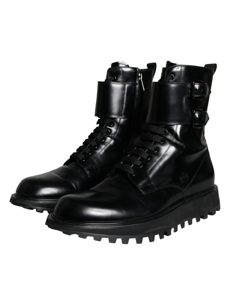 Dolce & Gabbana Black Leather Lace Up Men Mid Calf Boots Men's Shoes