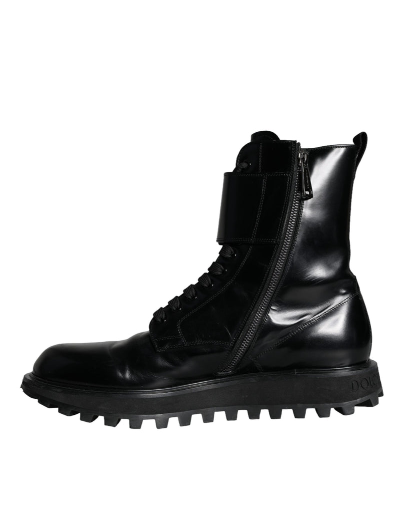 Dolce & Gabbana Black Leather Lace Up Men Mid Calf Boots Men's Shoes