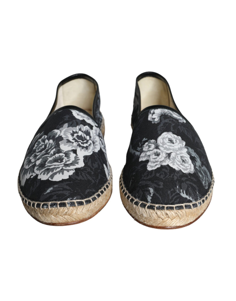 Dolce & Gabbana Black Floral Cotton Leather Espadrilles Men's Shoes