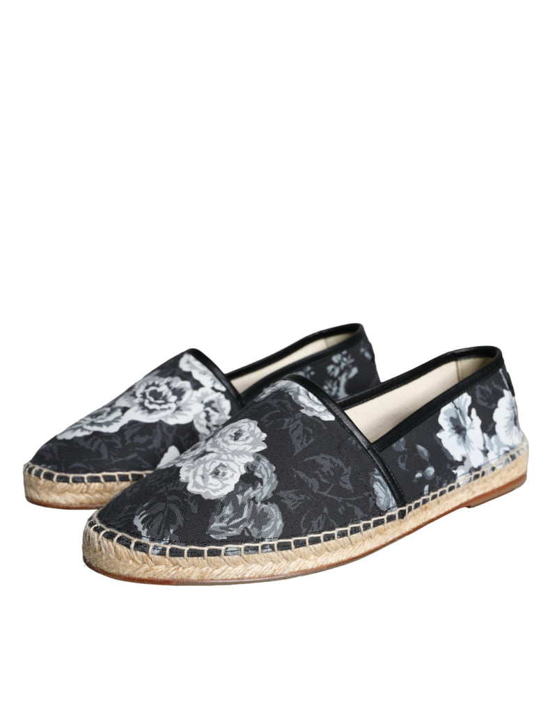 Dolce & Gabbana Black Floral Cotton Leather Espadrilles Men's Shoes