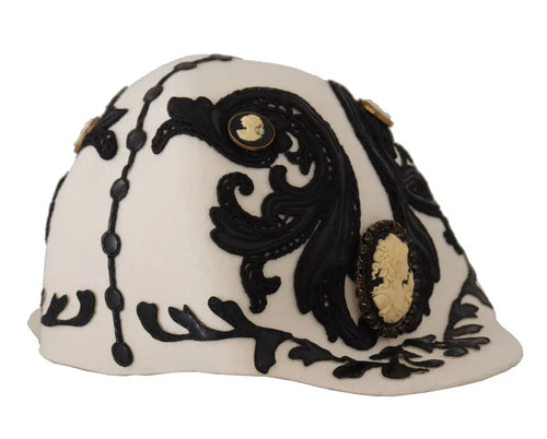 Dolce & Gabbana White Black Wool Embroidered Cameo Brooch Women's Hat