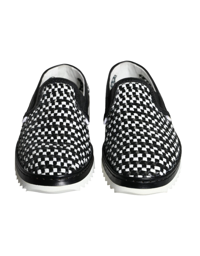 Dolce & Gabbana Black White Weaved Slip On Men Loafers Men's Shoes