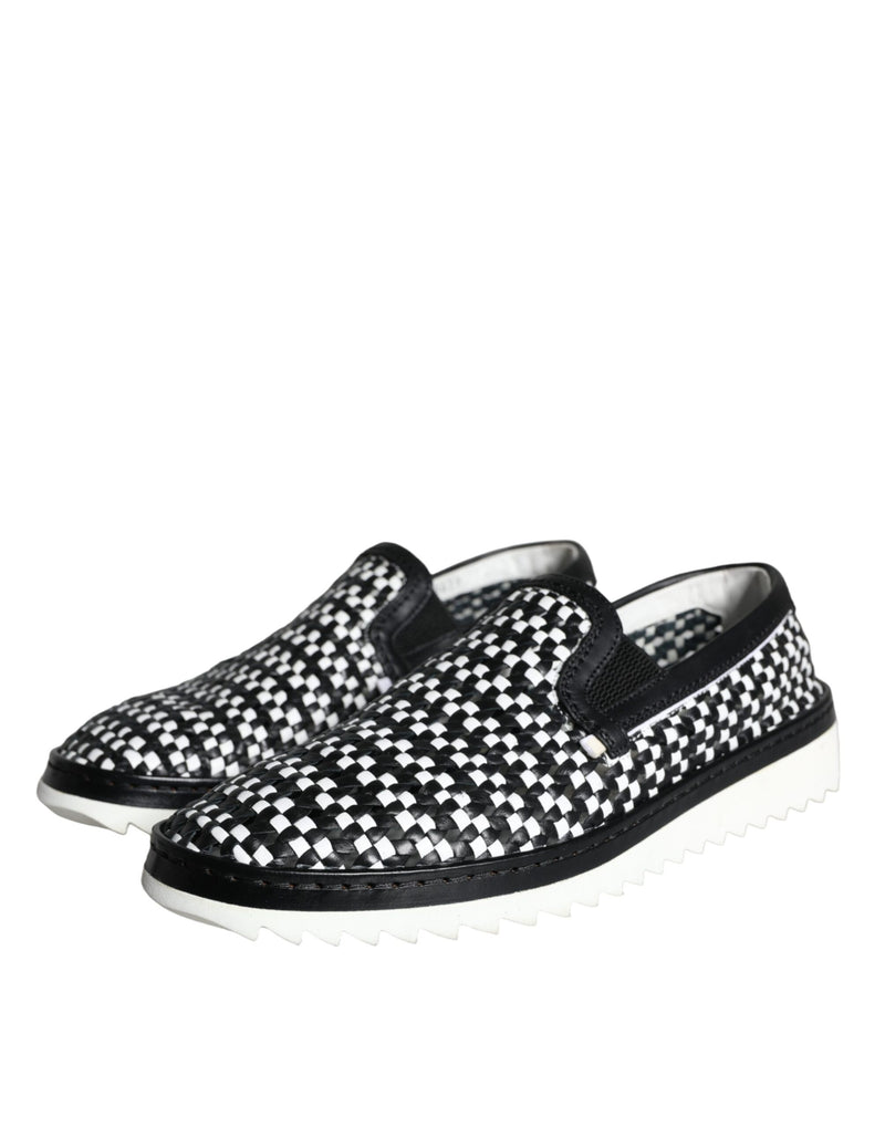 Dolce & Gabbana Black White Weaved Slip On Men Loafers Men's Shoes