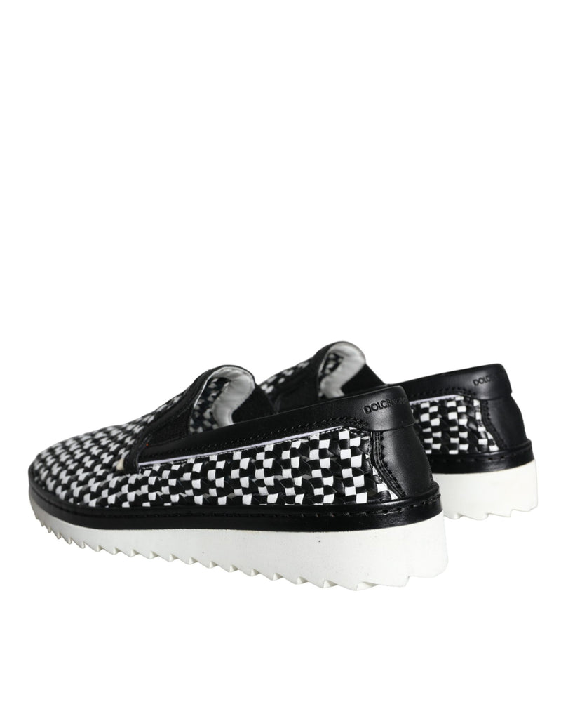 Dolce & Gabbana Black White Weaved Slip On Men Loafers Men's Shoes