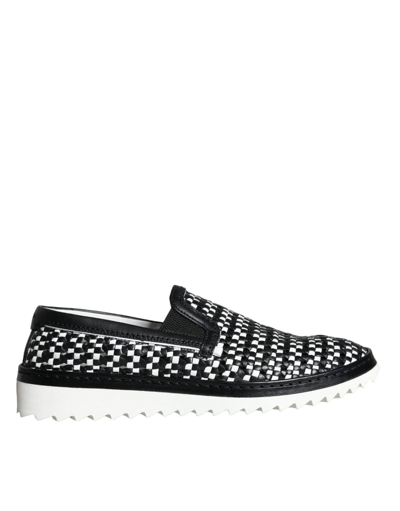 Dolce & Gabbana Black White Weaved Slip On Men Loafers Men's Shoes