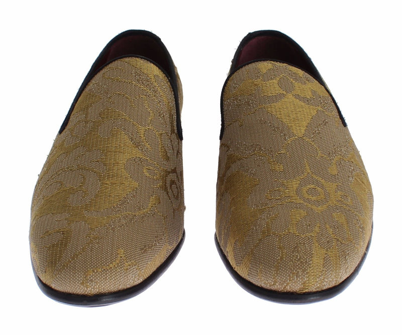 Dolce & Gabbana Yellow Gold Silk Baroque Loafers Men's Shoes