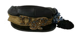 Dolce & Gabbana Black Leather Crystal Beads Gold Ribbon Fiddler Women's Cap