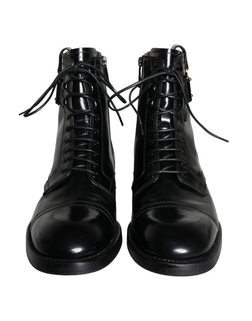 Dolce & Gabbana Black Logo Lace Up Mid Calf Men Boots Men's Shoes (Pre-Owned)