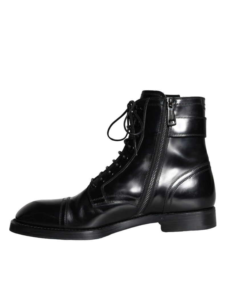 Dolce & Gabbana Black Logo Lace Up Mid Calf Men Boots Men's Shoes (Pre-Owned)