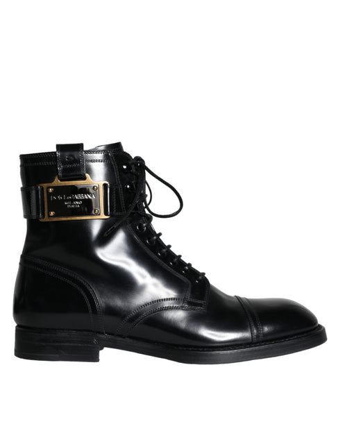 Dolce & Gabbana Black Logo Lace Up Mid Calf Men Boots Men's Shoes (Pre-Owned)