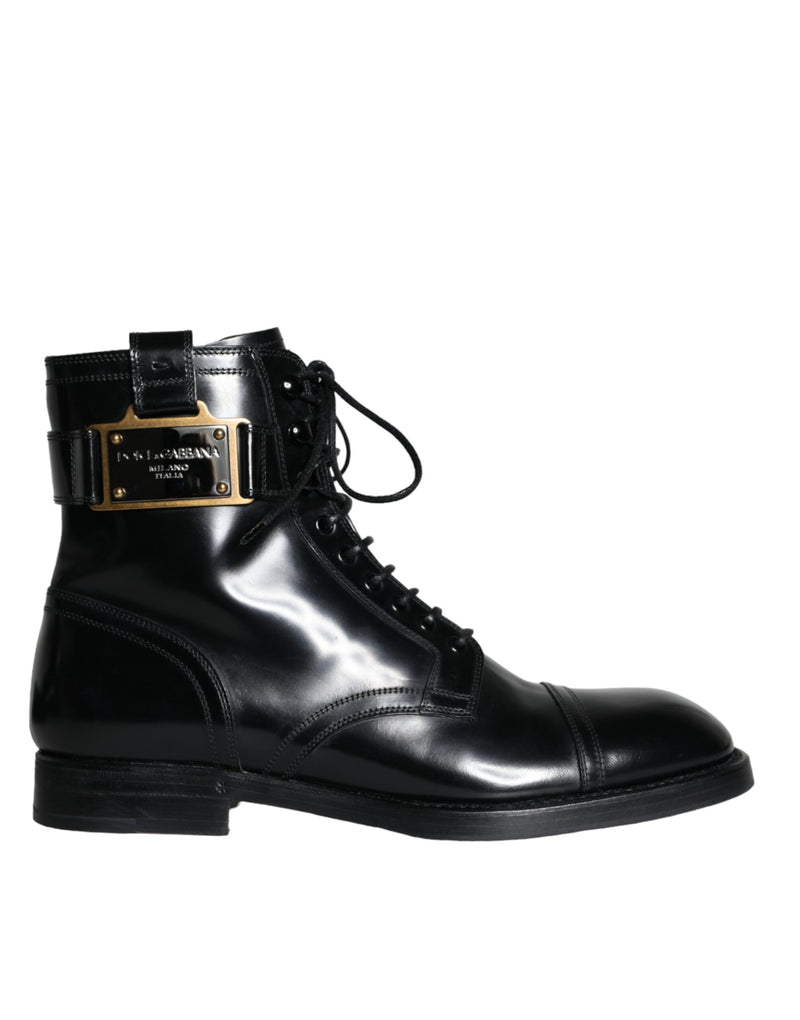 Dolce & Gabbana Black Logo Lace Up Mid Calf Men Boots Men's Shoes (Pre-Owned)