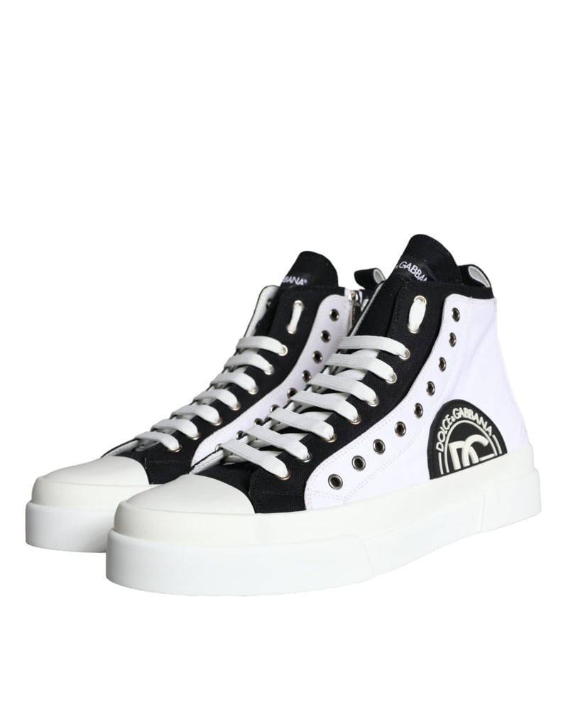 Dolce & Gabbana White Black Cotton Logo High Top Sneaker Men's Shoes (Pre-Owned)