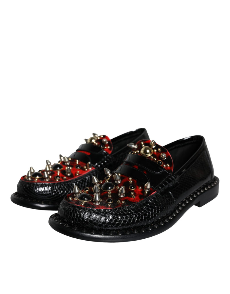 Dolce & Gabbana Black Leopard Print Studs Leather Loafers Men's Shoes