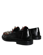 Dolce & Gabbana Black Leopard Print Studs Leather Loafers Men's Shoes