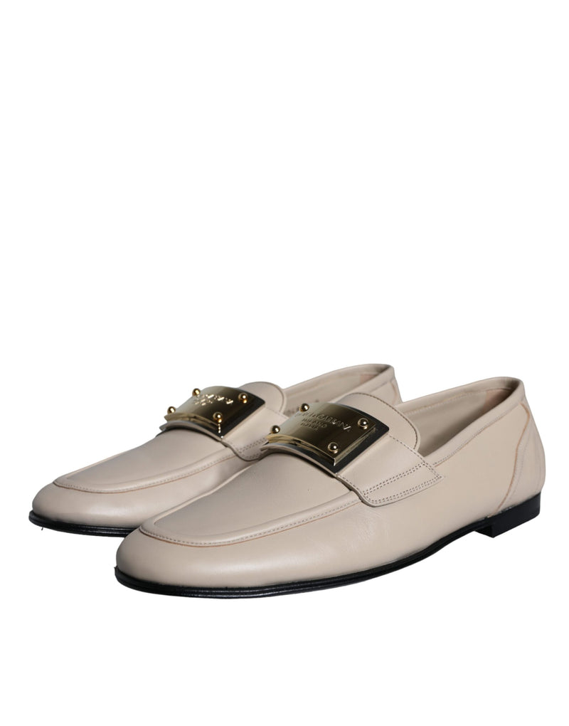 Dolce & Gabbana Beige Leather Logo Plaque Slip On Men Loafers Men's Shoes