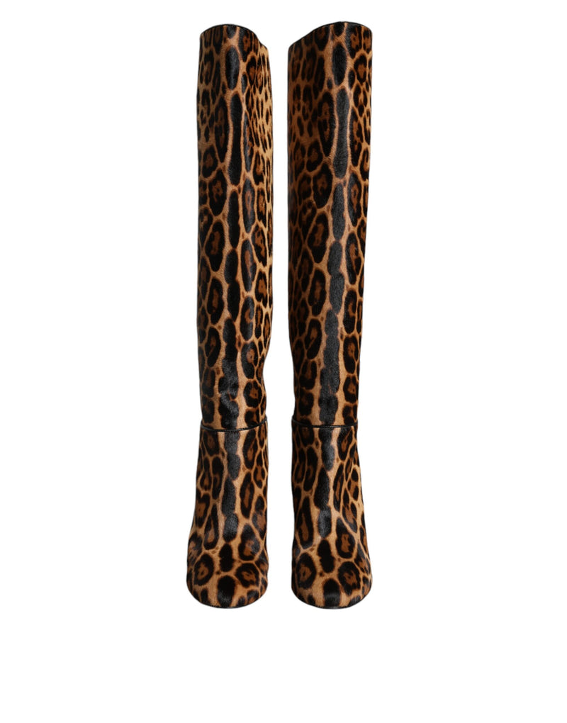 Dolce & Gabbana Beige Black Leopard Knee High Boots Women's Shoes