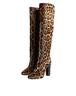 Dolce & Gabbana Beige Black Leopard Knee High Boots Women's Shoes