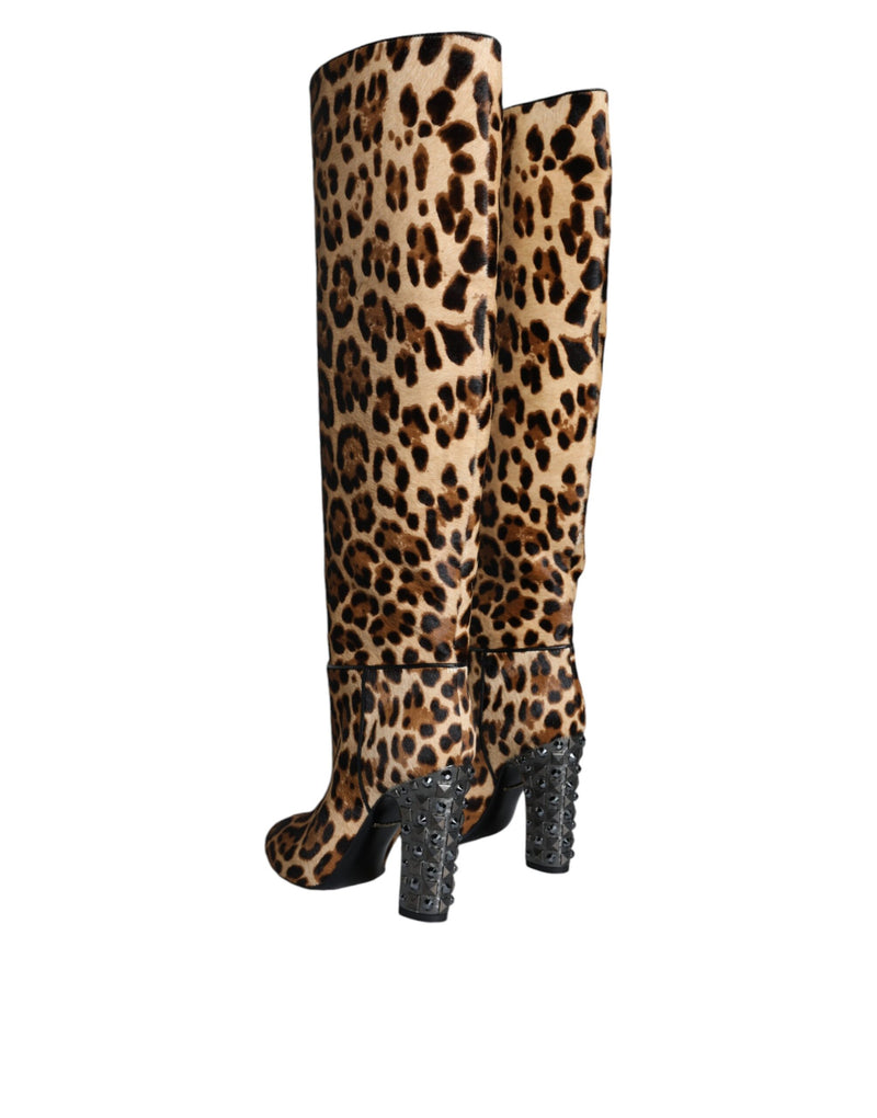 Dolce & Gabbana Beige Black Leopard Knee High Boots Women's Shoes