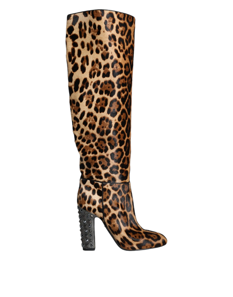 Dolce & Gabbana Beige Black Leopard Knee High Boots Women's Shoes