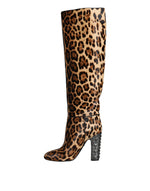 Dolce & Gabbana Beige Black Leopard Knee High Boots Women's Shoes