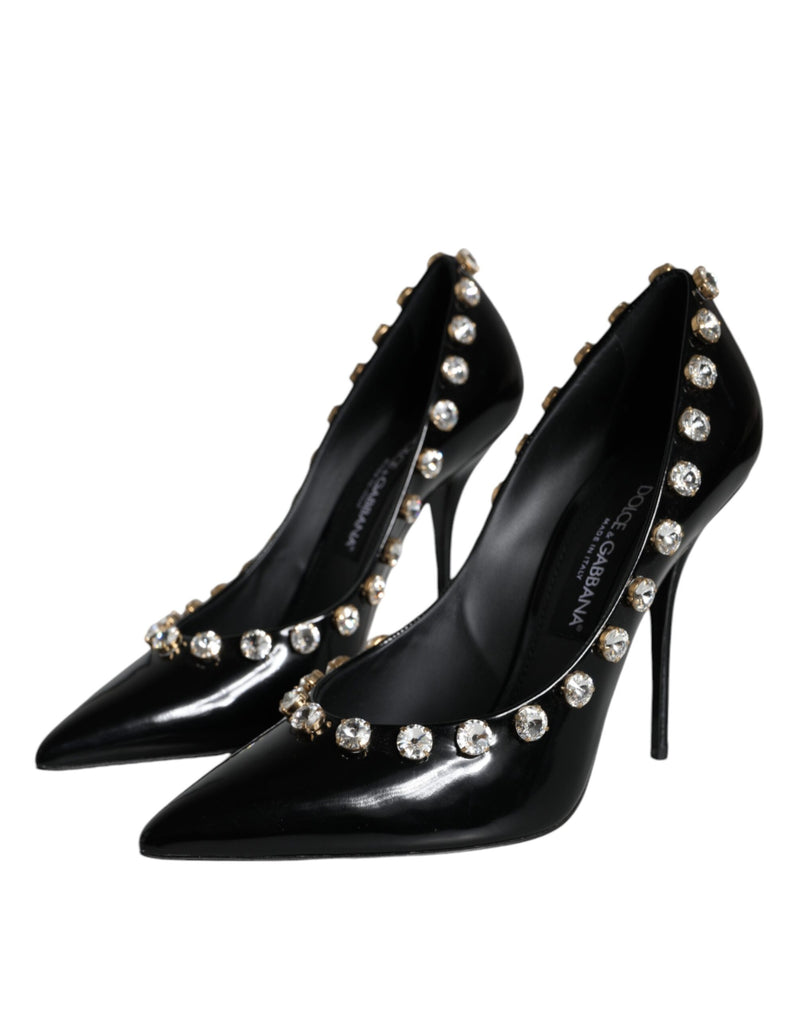 Dolce & Gabbana Black Crystals Leather High Heels Pumps Women's Shoes