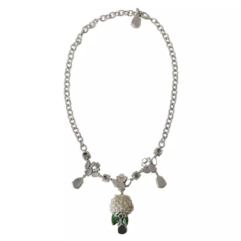 Dolce & Gabbana Silver Brass Clear Crystal Roses Pendants Women's Necklace