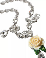 Dolce & Gabbana Silver Brass Clear Crystal Roses Pendants Women's Necklace