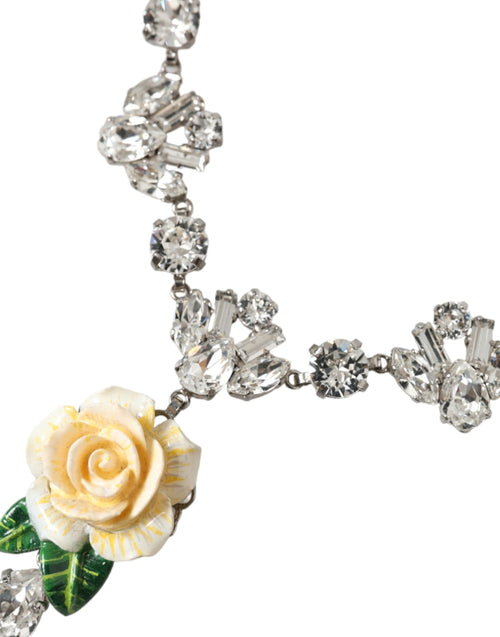 Dolce & Gabbana Silver Brass Clear Crystal Roses Pendants Women's Necklace