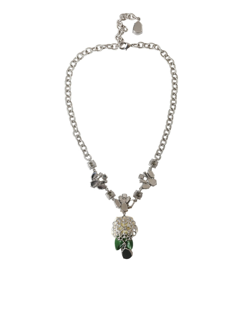 Dolce & Gabbana Silver Brass Clear Crystal Roses Pendants Women's Necklace