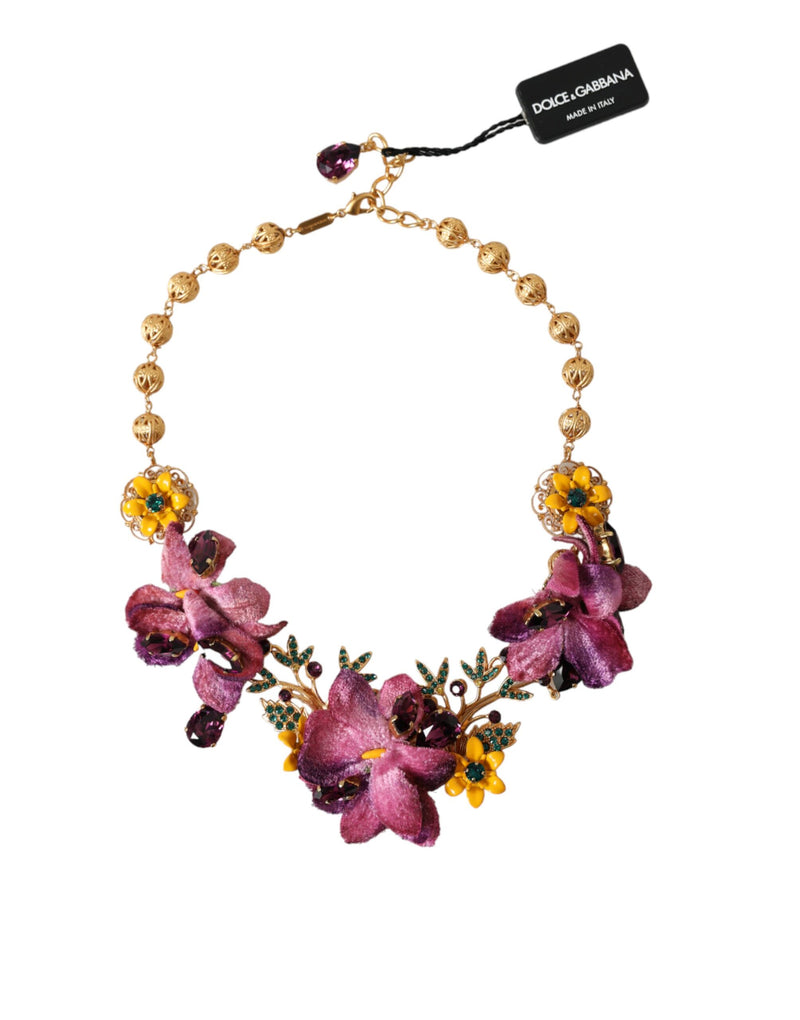 Dolce & Gabbana Gold Brass Mix Fiori Flowers Crystal Chain Women's Necklace