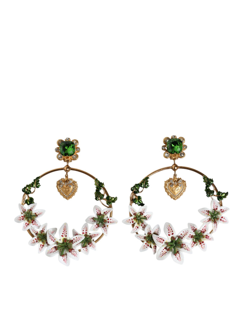 Dolce & Gabbana Gold Tone Brass Crystals Lily Resin Devotion Women's Earrings