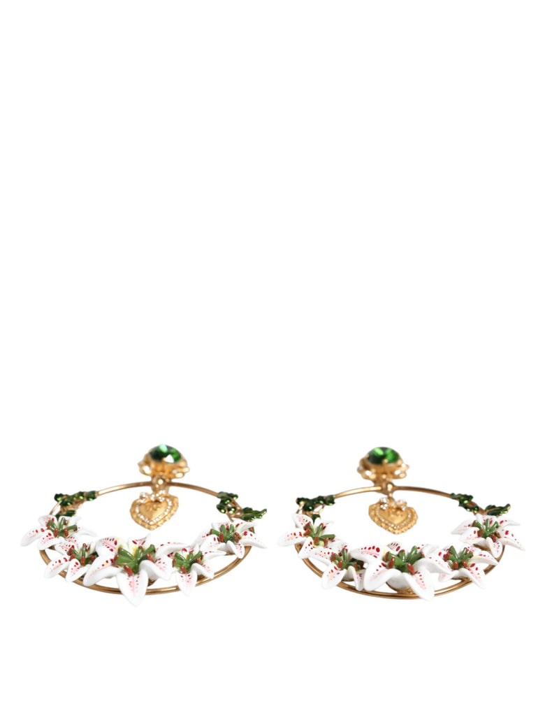 Dolce & Gabbana Gold Tone Brass Crystals Lily Resin Devotion Women's Earrings