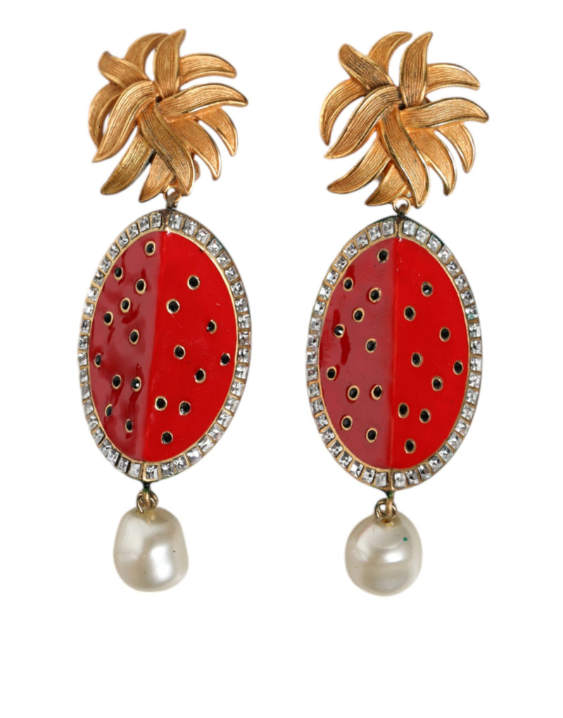 Dolce & Gabbana Red Watermelon Gold Brass Crystal Clip Dangling Women's Earrings