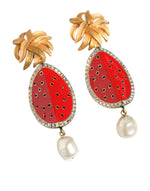 Dolce & Gabbana Red Watermelon Gold Brass Crystal Clip Dangling Women's Earrings