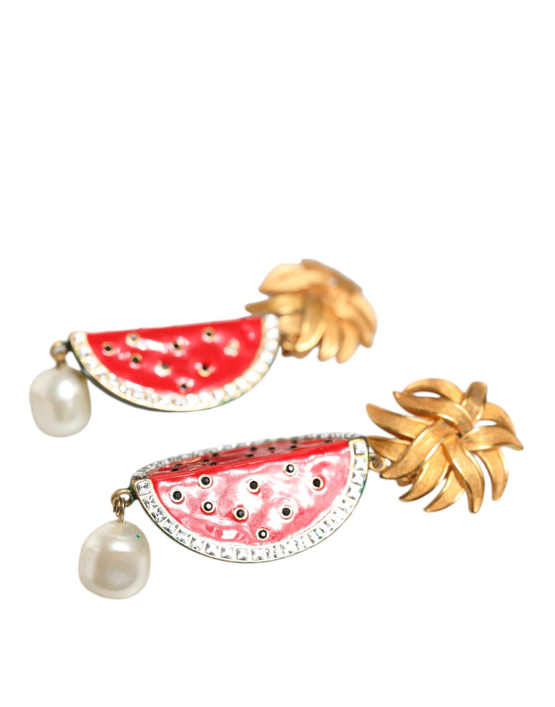 Dolce & Gabbana Red Watermelon Gold Brass Crystal Clip Dangling Women's Earrings