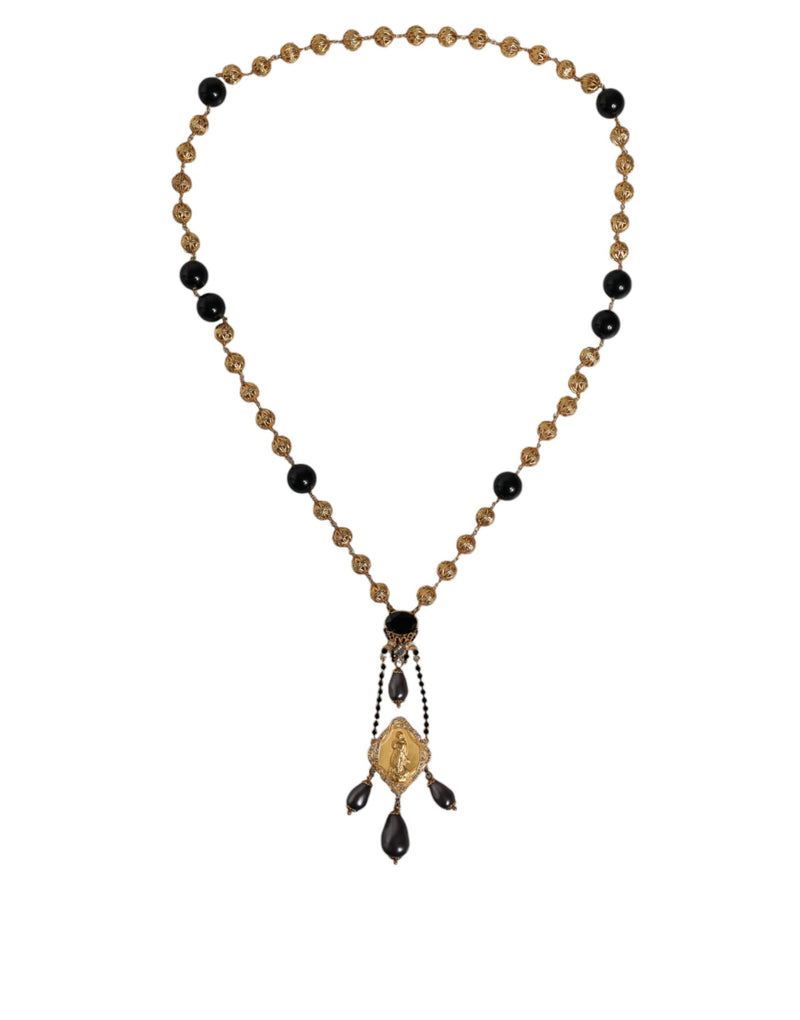 Dolce & Gabbana Gold Chain Brass Black Beaded Rosary Style Women's Necklace